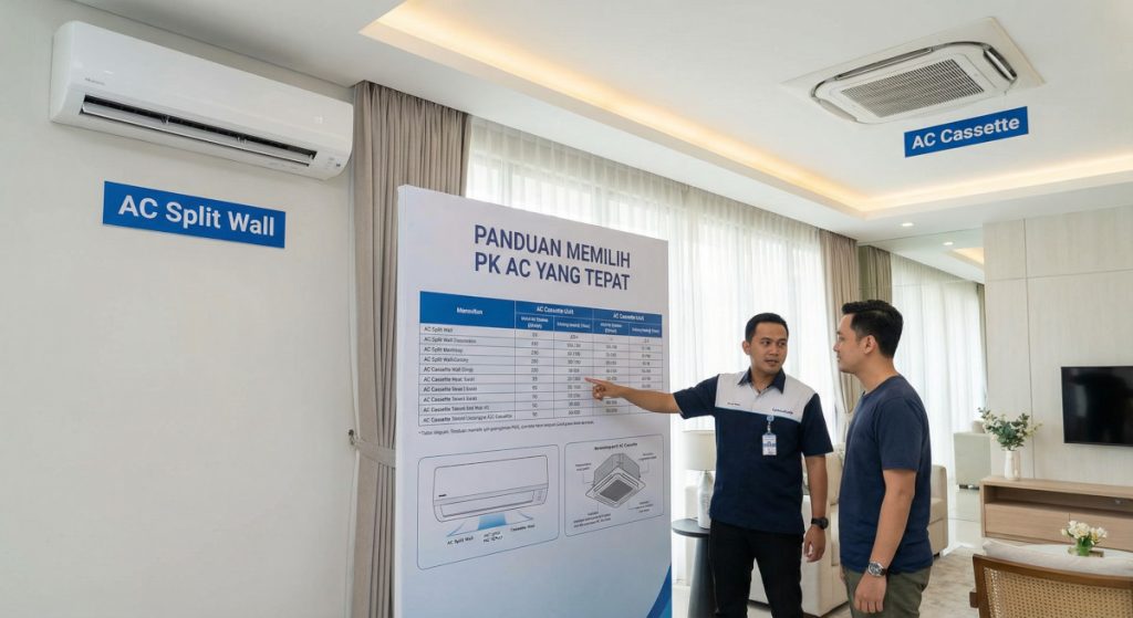 Tabel panduan PK AC dan luas ruangan untuk rumah dan kantor di Karawang.
