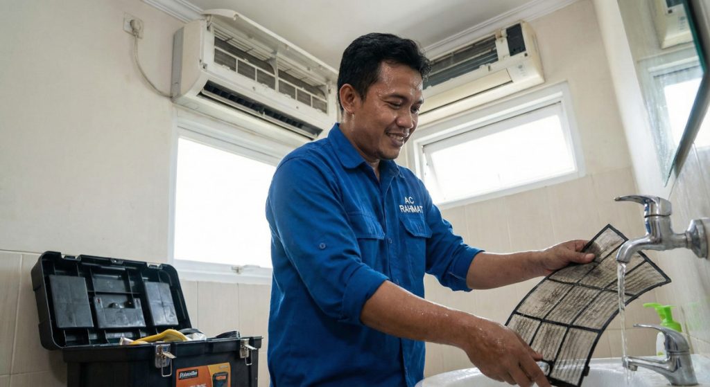 Teknisi AC sedang membersihkan filter indoor AC split untuk efisiensi energi