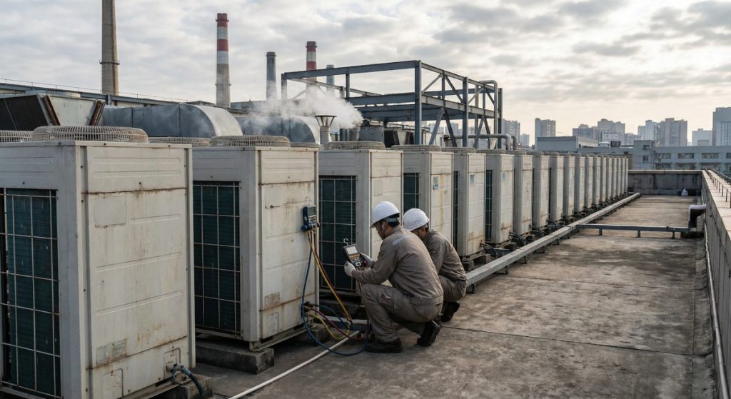 Deretan unit Outdoor VRV/VRF di rooftop gedung industri yang sedang dilakukan pengecekan tekanan
