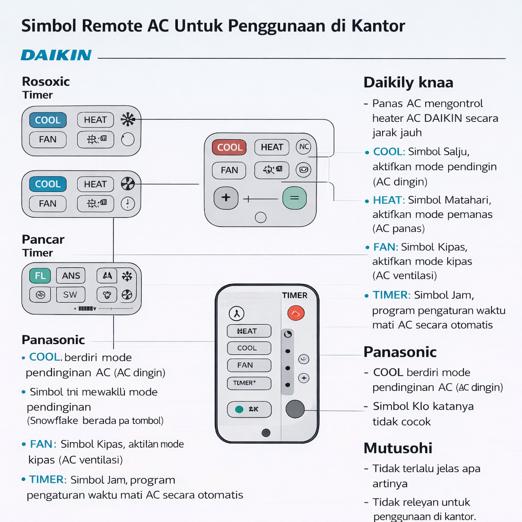 Penjelasan arti simbol pada remote AC Daikin, Panasonic, dan Mitsubishi untuk penggunaan kantor.