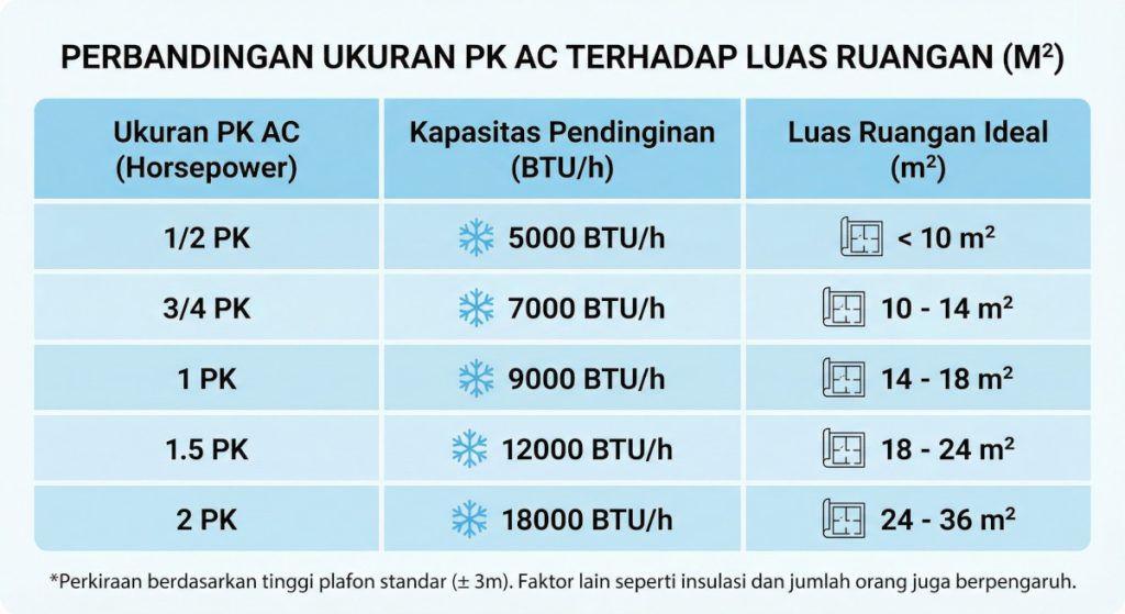 Tabel perbandingan ukuran PK AC terhadap luas ruangan dalam meter persegi