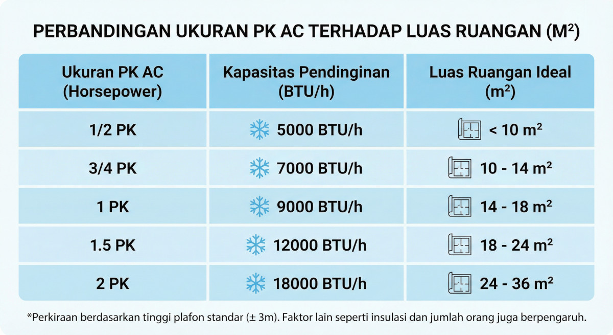 Tabel perbandingan ukuran PK AC terhadap luas ruangan dalam meter persegi