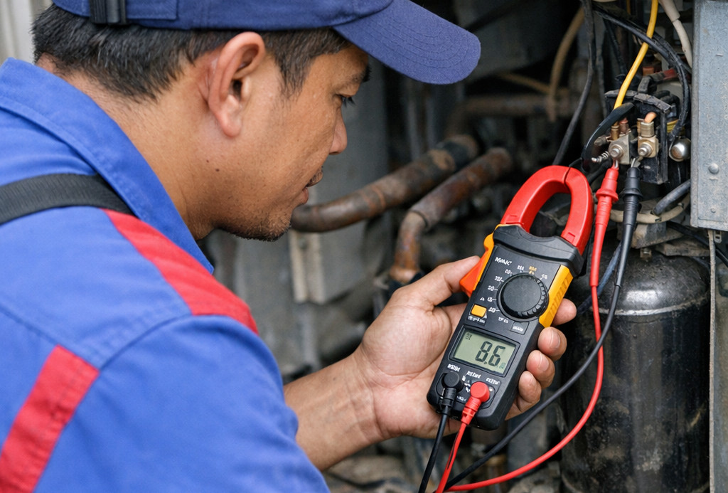 Teknisi Rahmat AC Karawang mengukur ampere kompresor menggunakan tang ampere digital