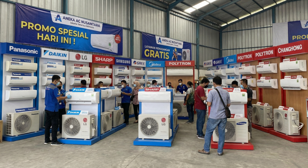 suasana toko penjual ac skala besar dengan berbagai merk