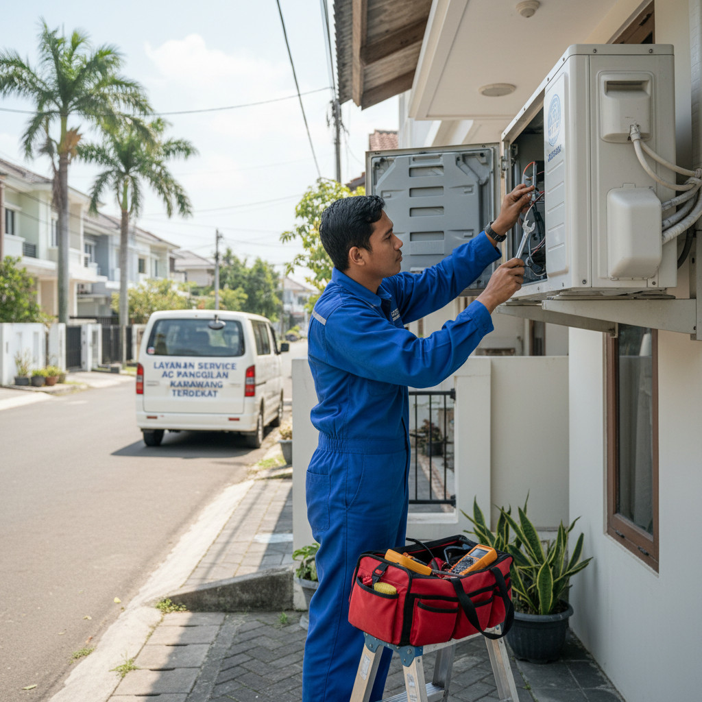 teknisi AC Rahmat melakukan perbaikan unit, layanan service ac panggilan karawang terdekat